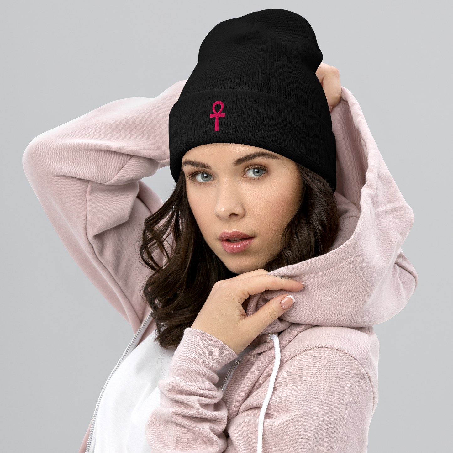 Cuffed Beanie - Pink Ankh Beanies Refine Zone Black