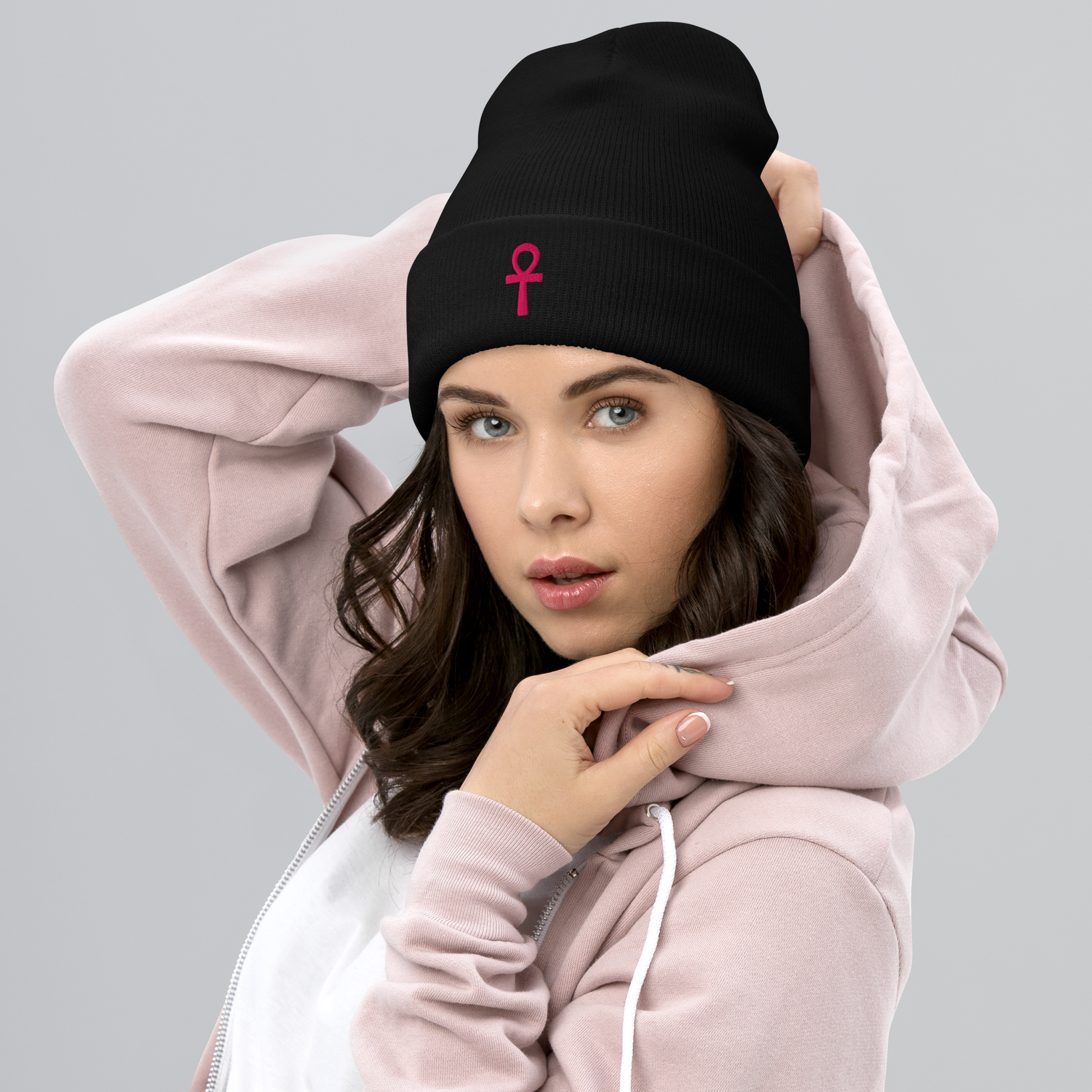 Cuffed Beanie - Pink Ankh Beanies Refine Zone Black