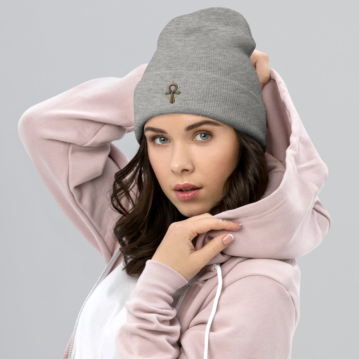 Cuffed Beanie - Colorful Ankh - Key of Life Beanies Refine Zone Heather Grey
