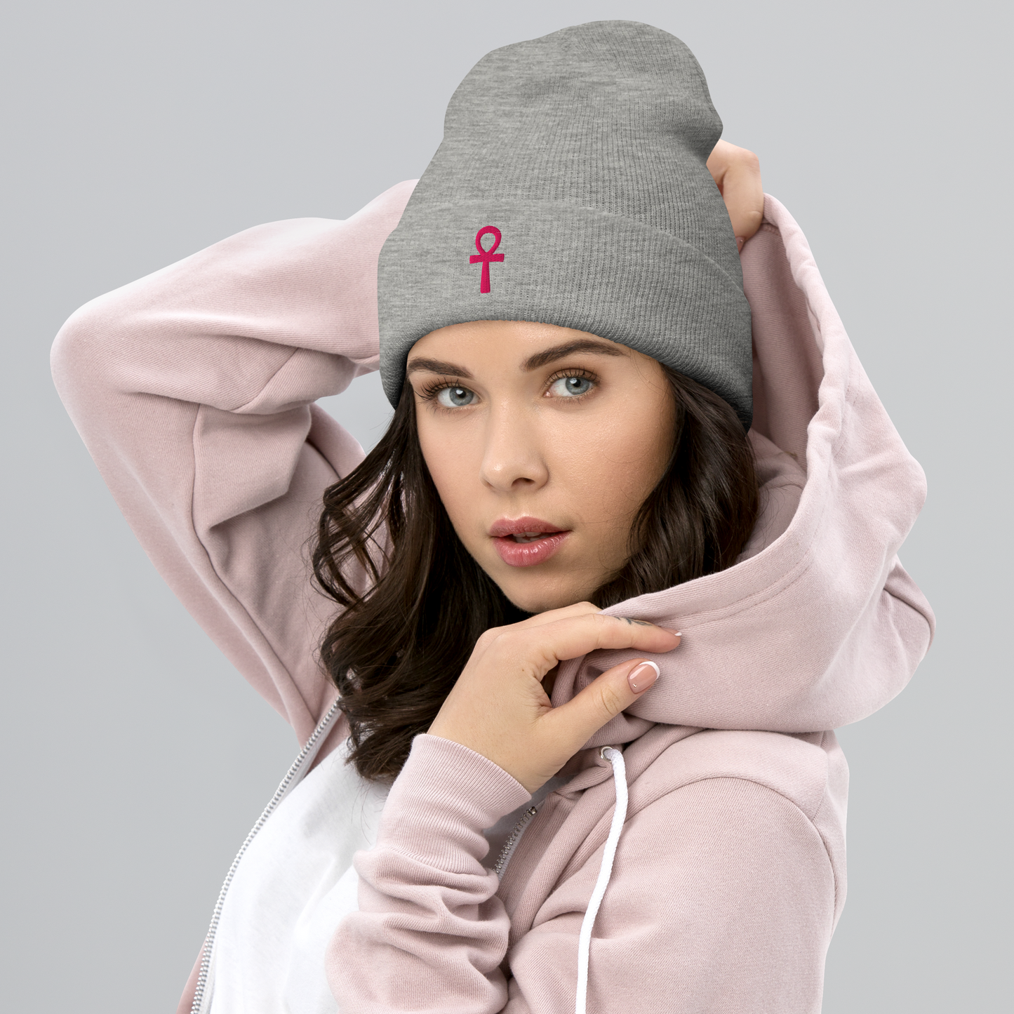 Cuffed Beanie - Pink Ankh Beanies Refine Zone Heather Grey