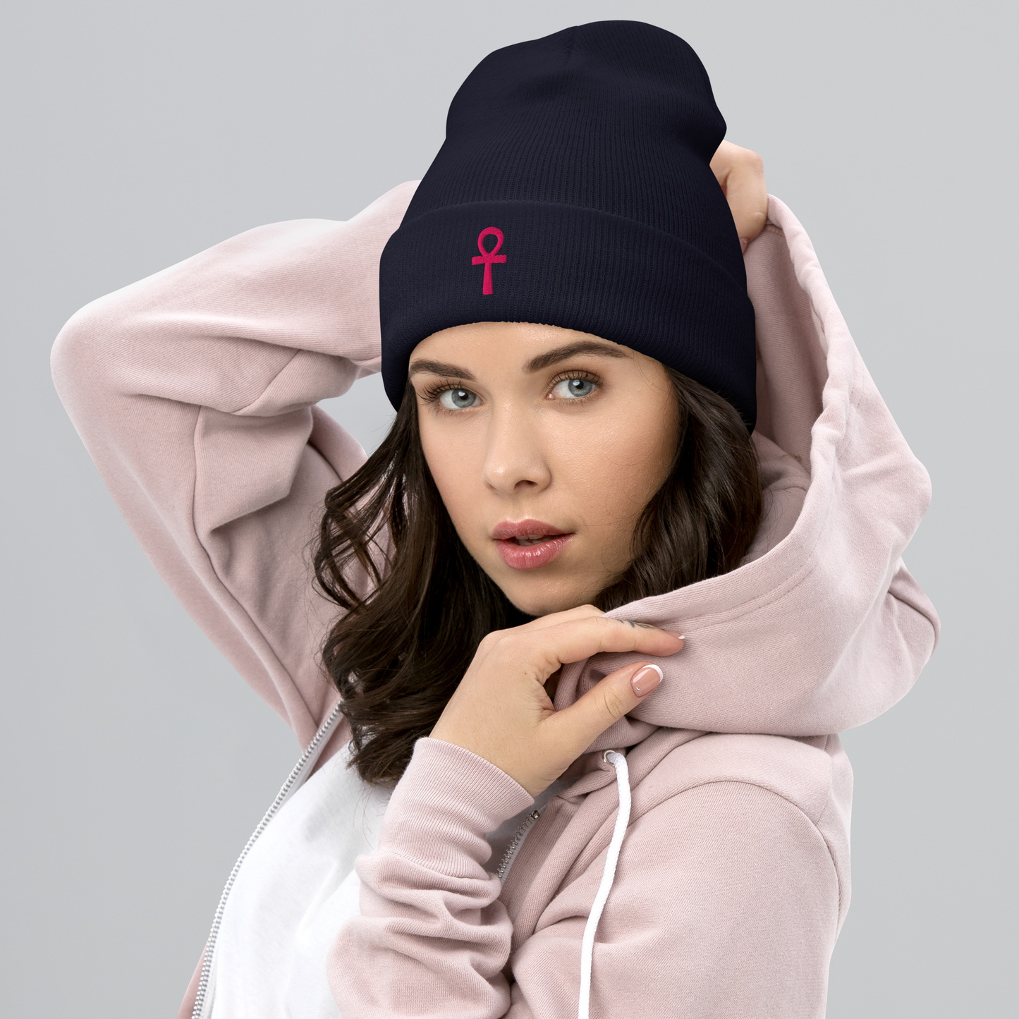 Cuffed Beanie - Pink Ankh Beanies Refine Zone Navy