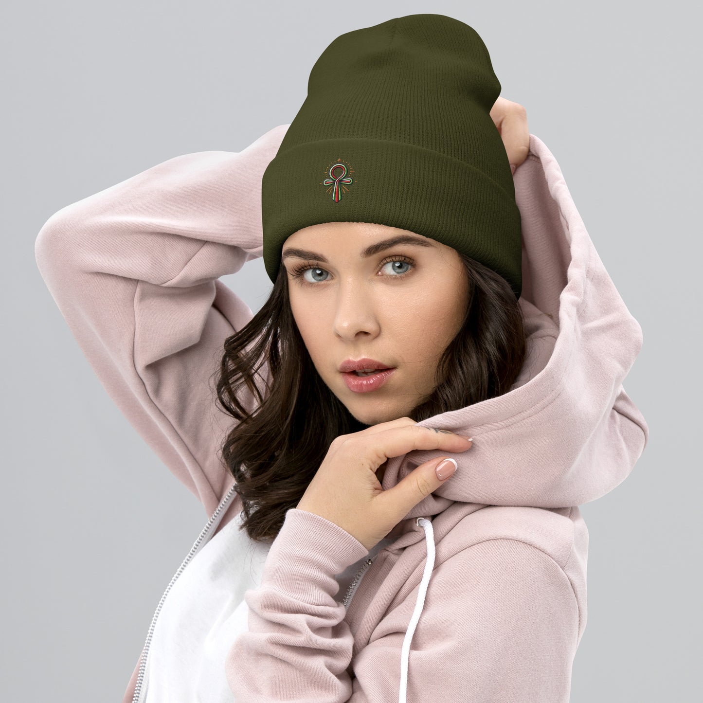 Cuffed Beanie - Colorful Ankh - Key of Life Beanies Refine Zone Olive