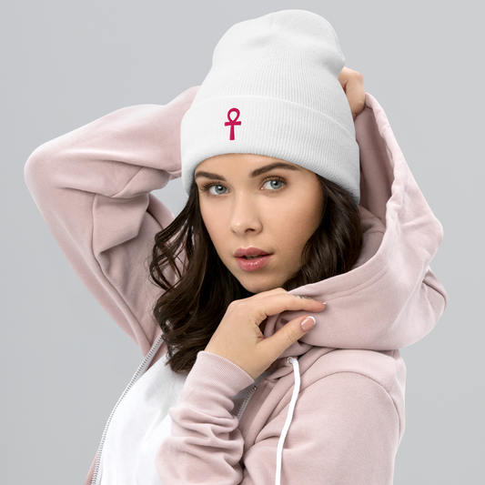 Cuffed Beanie - Pink Ankh Beanies Refine Zone White