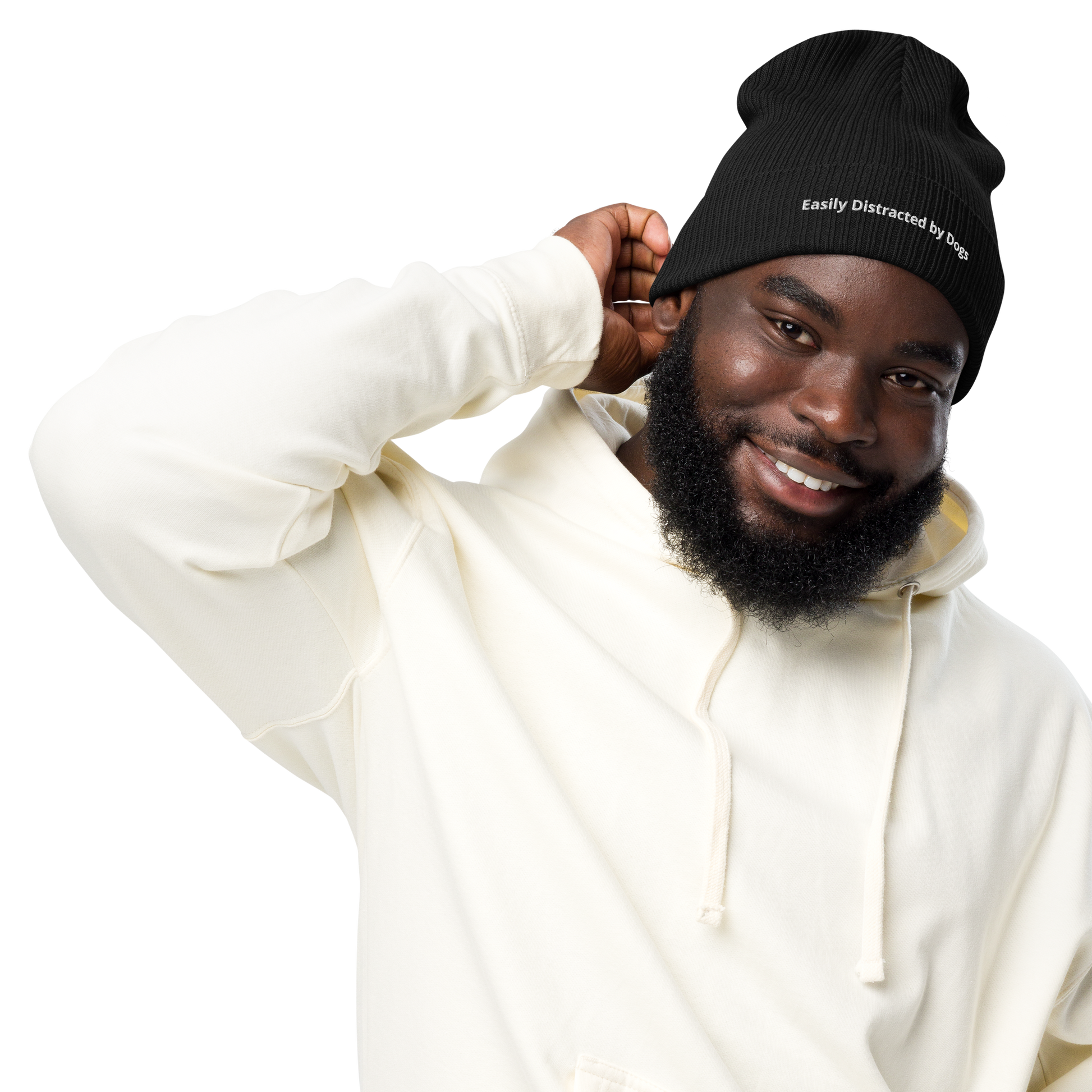Eco-friendly 100% Organic Cotton Ribbed Cuffed Beanie - Easily Distracted by Dogs Beanies Refine Zone Black