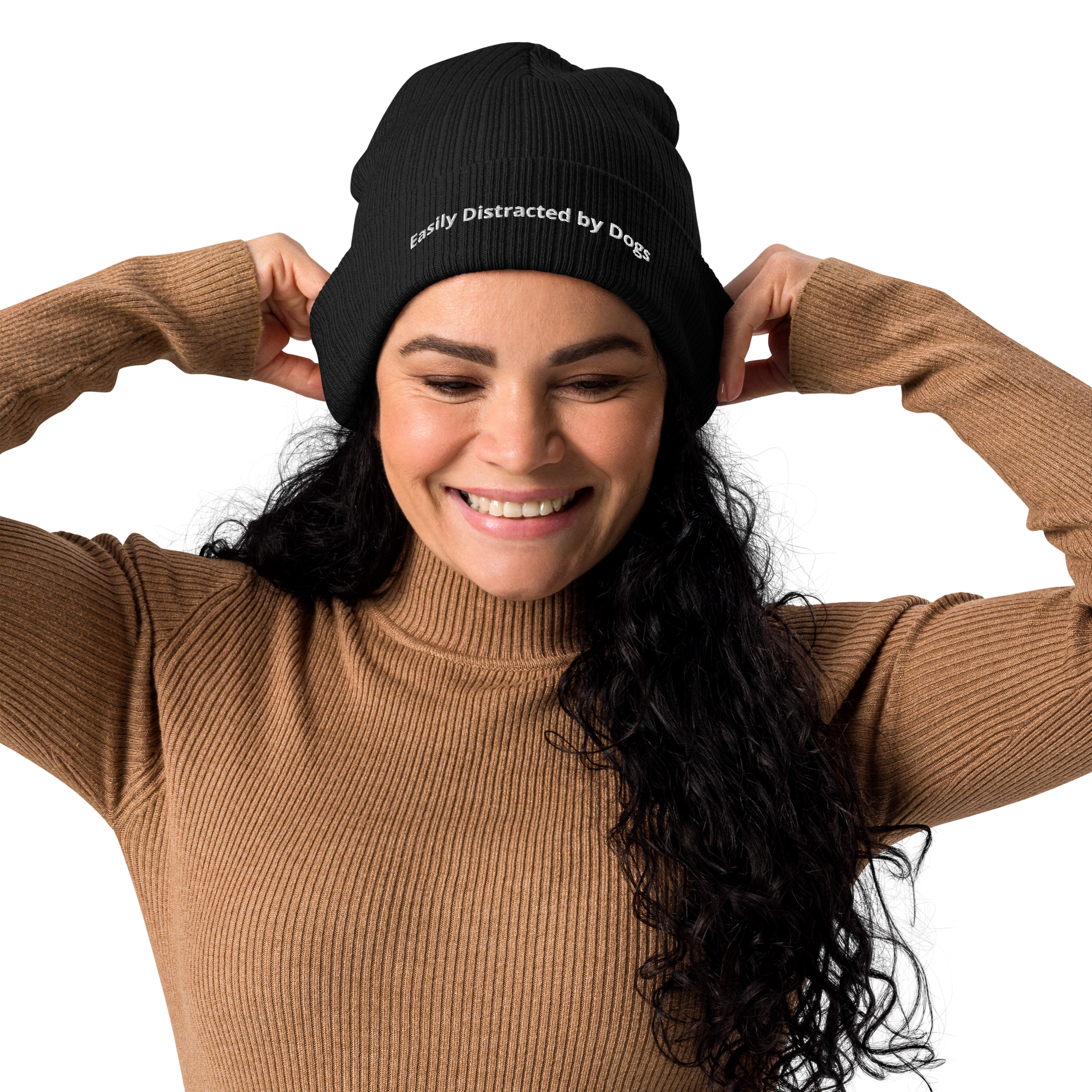 Eco-friendly 100% Organic Cotton Ribbed Cuffed Beanie - Easily Distracted by Dogs Beanies Refine Zone