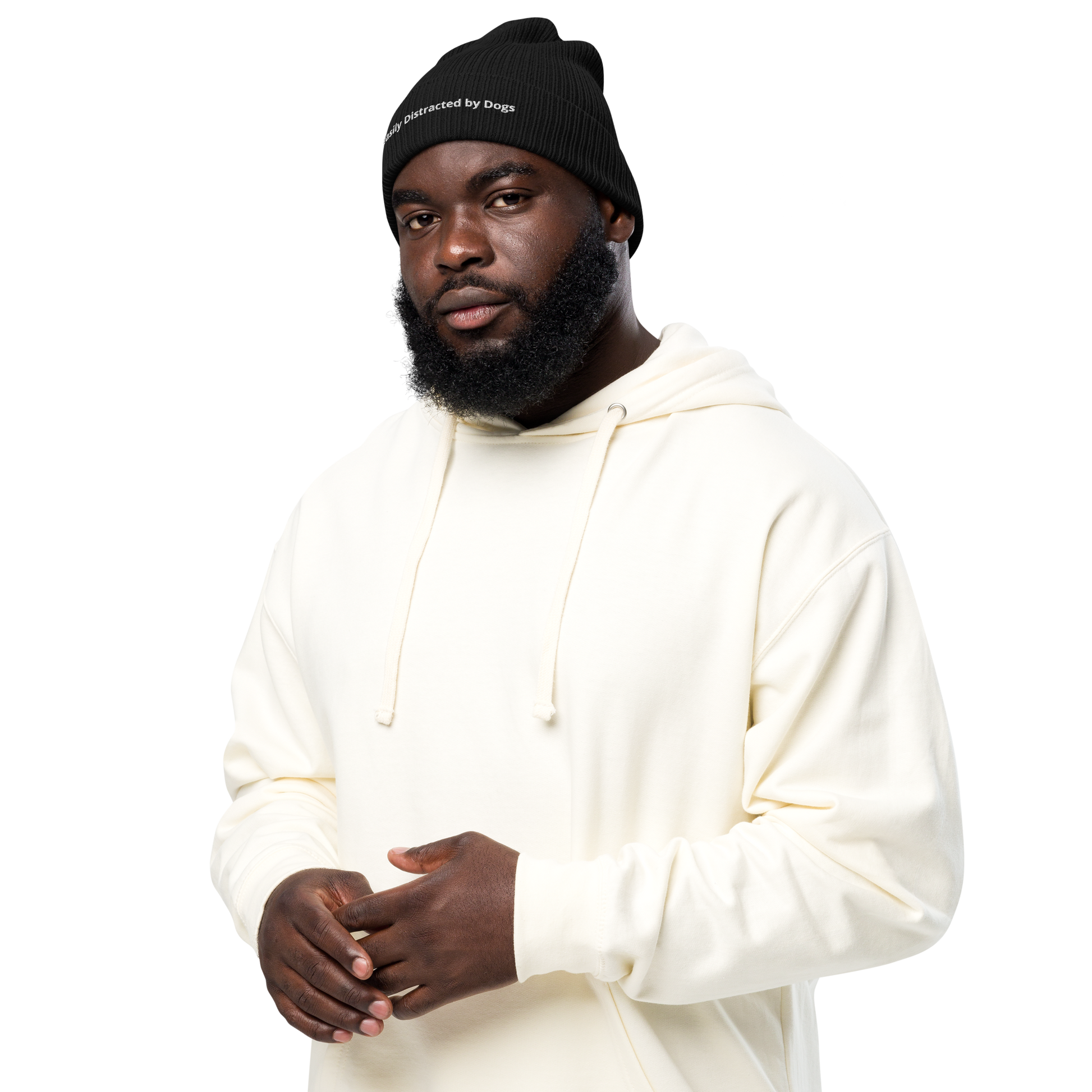 Eco-friendly 100% Organic Cotton Ribbed Cuffed Beanie - Easily Distracted by Dogs Beanies Refine Zone