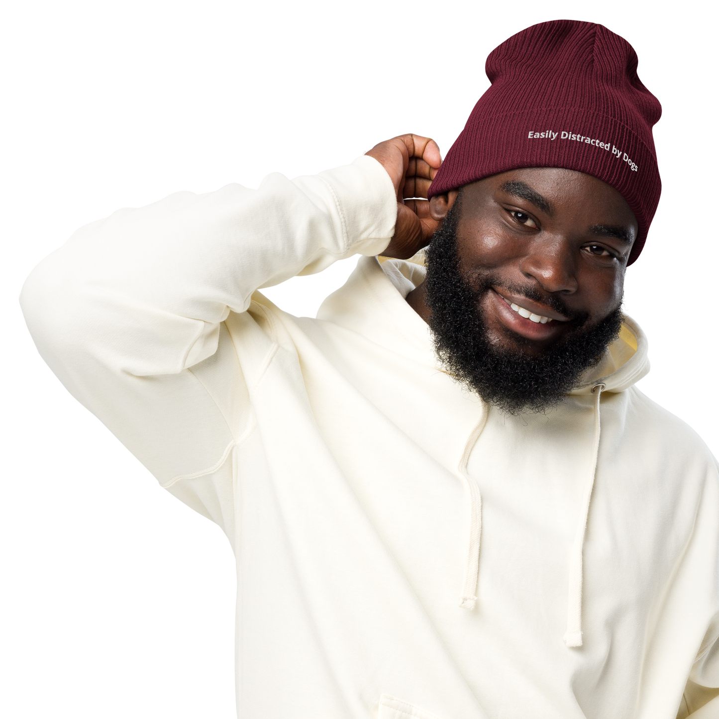 Eco-friendly 100% Organic Cotton Ribbed Cuffed Beanie - Easily Distracted by Dogs Beanies Refine Zone Burgundy