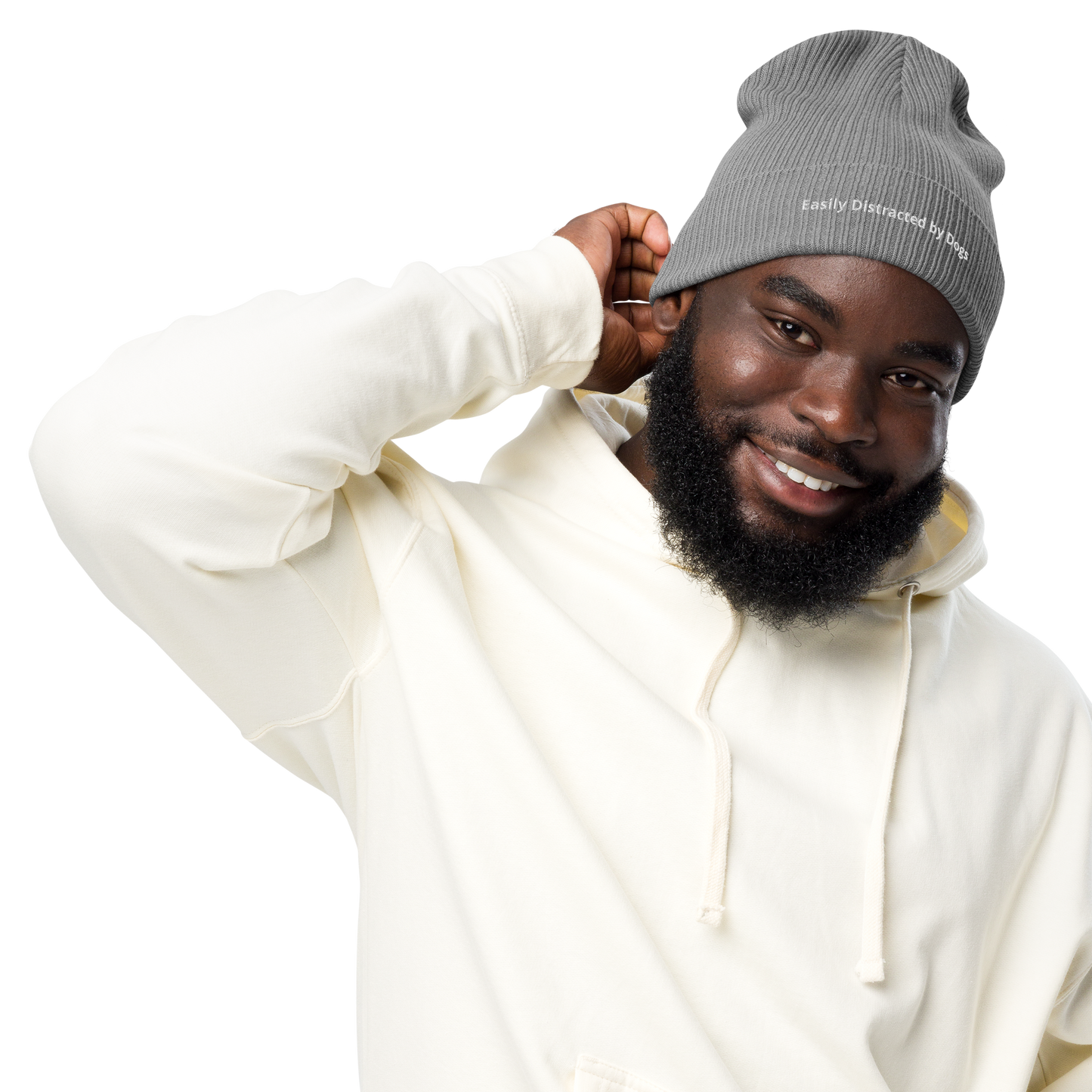 Eco-friendly 100% Organic Cotton Ribbed Cuffed Beanie - Easily Distracted by Dogs Beanies Refine Zone Light Grey