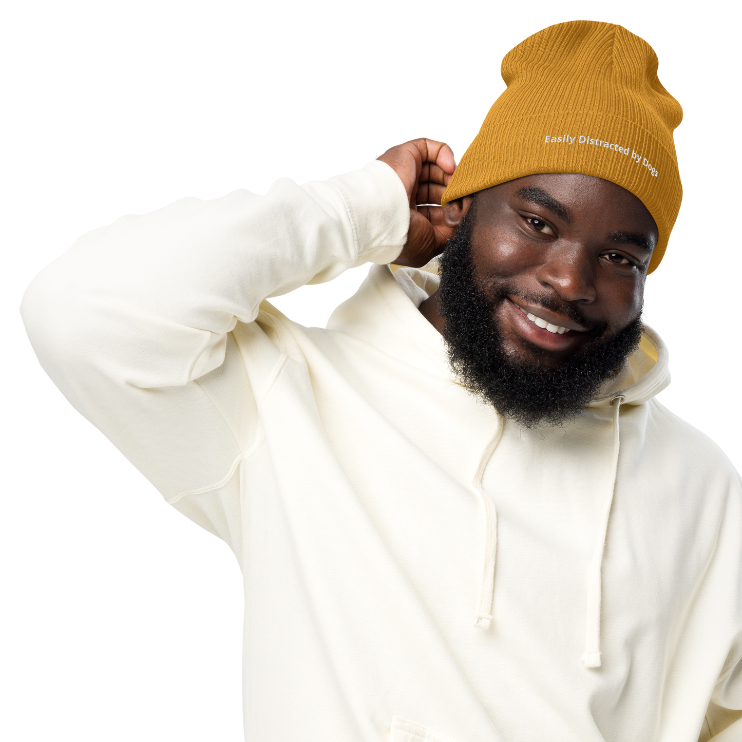 Eco-friendly 100% Organic Cotton Ribbed Cuffed Beanie - Easily Distracted by Dogs Beanies Refine Zone Mustard Yellow