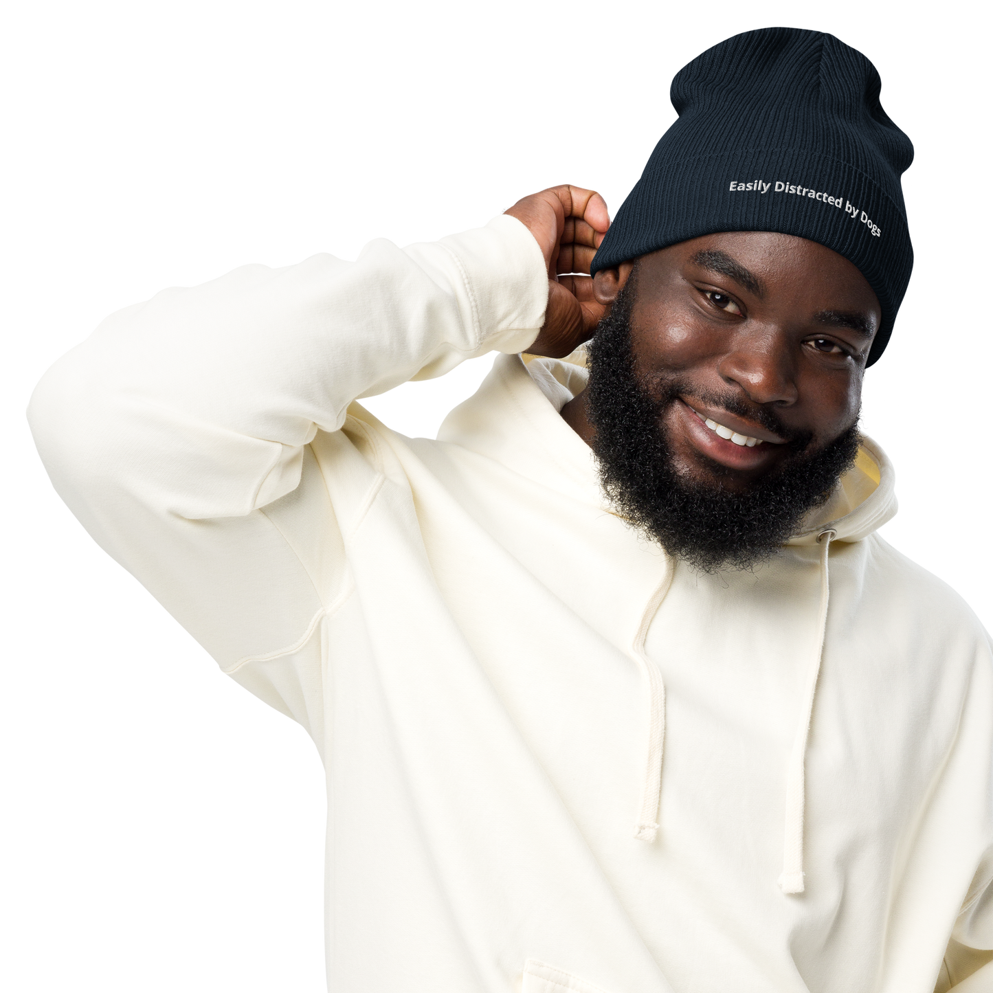 Eco-friendly 100% Organic Cotton Ribbed Cuffed Beanie - Easily Distracted by Dogs Beanies Refine Zone Oxford Navy